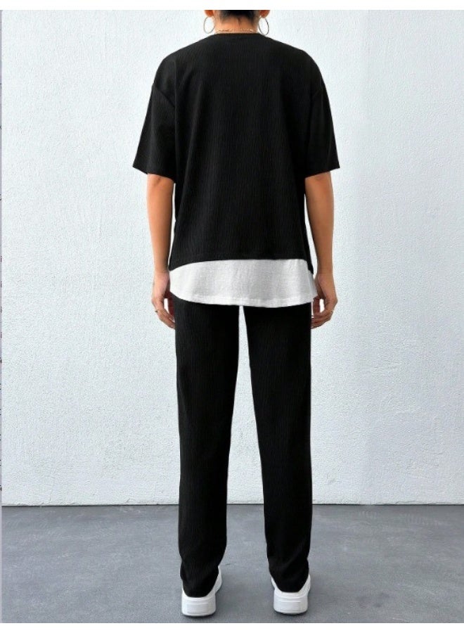 Women's Crew Neck Undershirt Detail Wrinkled Fabric Double Suit  - Image 3