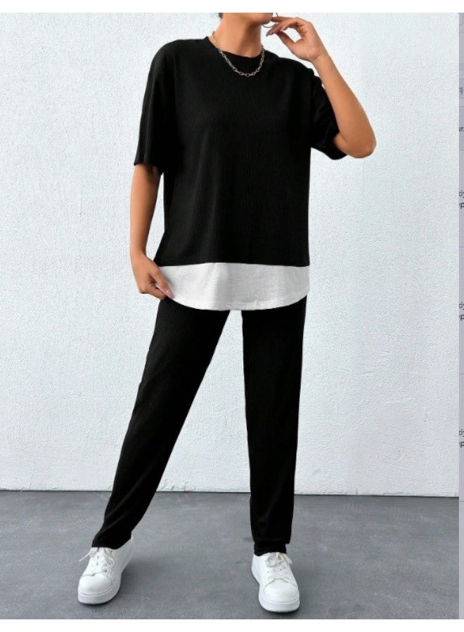 Women's Crew Neck Undershirt Detail Wrinkled Fabric Double Suit  - Image 4