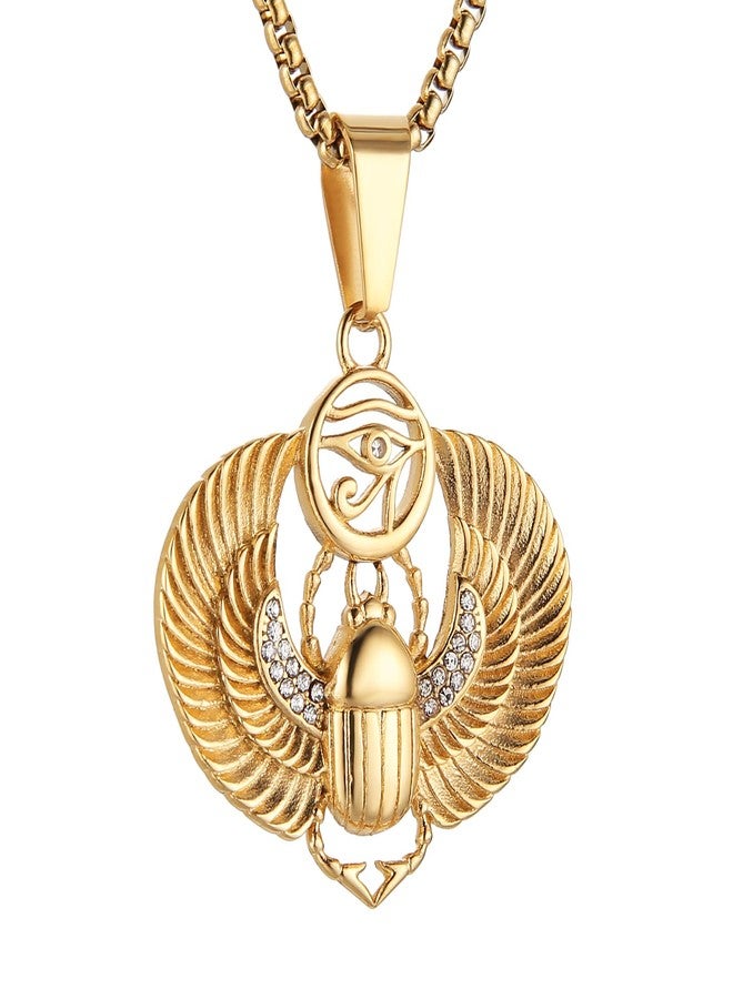 AsAlways 18k Gold Plated Egyptian Winged Scarab Beetle Pendant Stainless Steel Inlay CZ Eye of Ra Hip-hop Amulet Necklace Jewelry Gift - Image 1
