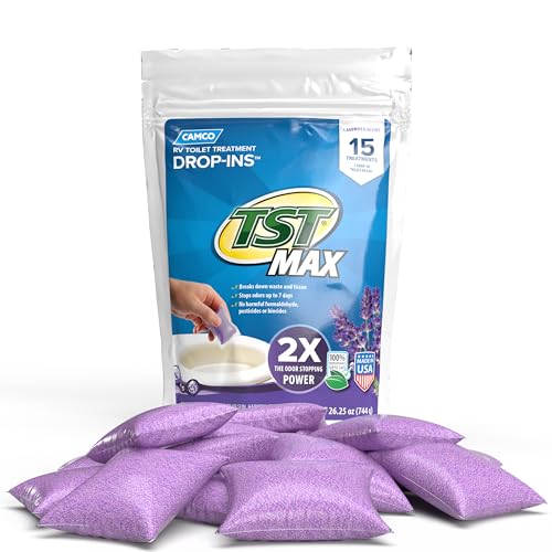 Camco علاج مرحاض كامكو TST MAX RV - السيطرة على الروائح غير المرغوب فيها وتفكيك النفايات والأنسجة - آمن لخزانات الصرف الصحي - رائحة اللافندر - عبوة 15 (41559) - Image 1