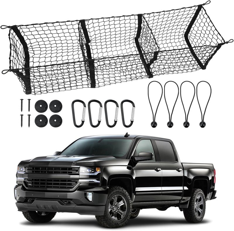 LINKCRO 3 Pocket Cargo Net with Heavy Duty 4 Metal Carabiners and 4 Ball Bungee Cords for SUV, Cars and Pickup Trucks - Image 1