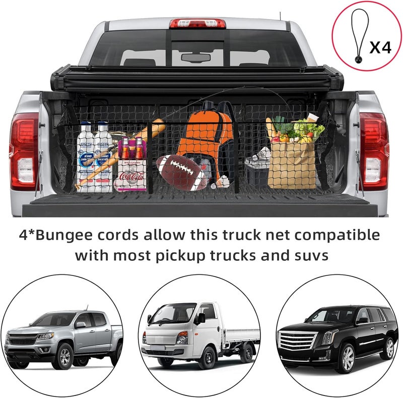 LINKCRO 3 Pocket Cargo Net with Heavy Duty 4 Metal Carabiners and 4 Ball Bungee Cords for SUV, Cars and Pickup Trucks - Image 3