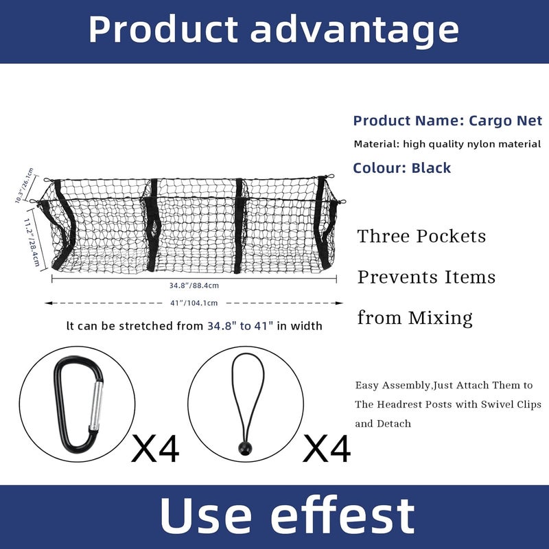 LINKCRO 3 Pocket Cargo Net with Heavy Duty 4 Metal Carabiners and 4 Ball Bungee Cords for SUV, Cars and Pickup Trucks - Image 2
