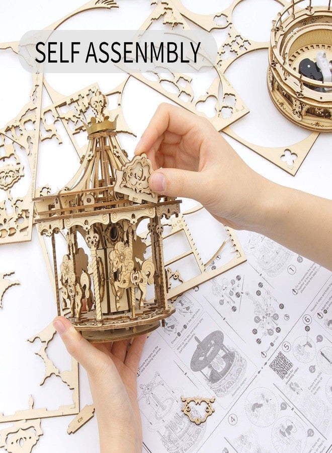 ROKR 3D Wooden Puzzle Carousel Model Building Kits Rotating 5-Horses Music Box Christmas Birthday Gift for Adults&Teens - Image 3