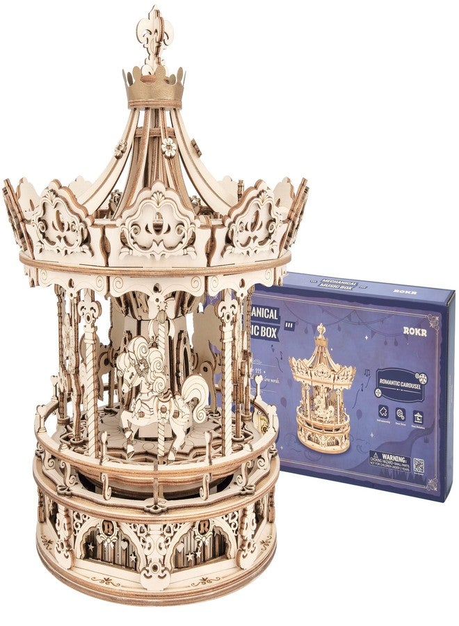 ROKR 3D Wooden Puzzle Carousel Model Building Kits Rotating 5-Horses Music Box Christmas Birthday Gift for Adults&Teens - Image 1