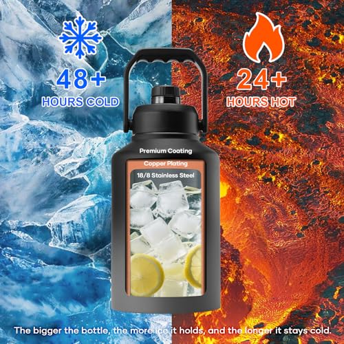BUZIO One Gallon Water Bottle Insulated, (Cold for 48 Hrs) 128oz Water Jug Large Stainless Steel, 3.58in Big Wide Mouth Leak Proof Metal Flask with Carrying Sleeve for Camping,Gym, Travel, Black Gray - Image 2