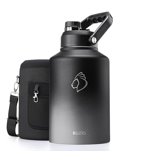 BUZIO One Gallon Water Bottle Insulated, (Cold for 48 Hrs) 128oz Water Jug Large Stainless Steel, 3.58in Big Wide Mouth Leak Proof Metal Flask with Carrying Sleeve for Camping,Gym, Travel, Black Gray - Image 1