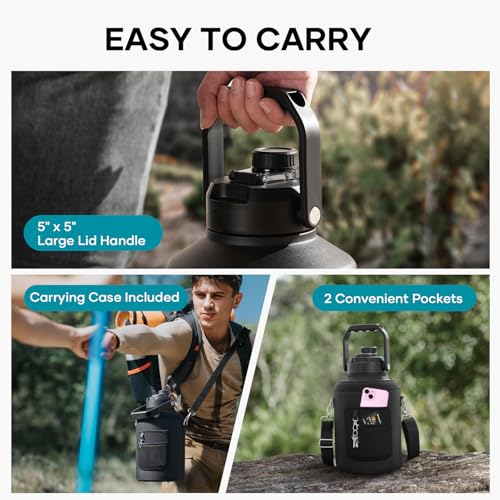BUZIO One Gallon Water Bottle Insulated, (Cold for 48 Hrs) 128oz Water Jug Large Stainless Steel, 3.58in Big Wide Mouth Leak Proof Metal Flask with Carrying Sleeve for Camping,Gym, Travel, Black Gray - Image 4