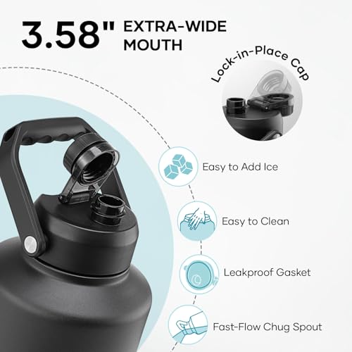 BUZIO One Gallon Water Bottle Insulated, (Cold for 48 Hrs) 128oz Water Jug Large Stainless Steel, 3.58in Big Wide Mouth Leak Proof Metal Flask with Carrying Sleeve for Camping,Gym, Travel, Black Gray - Image 3