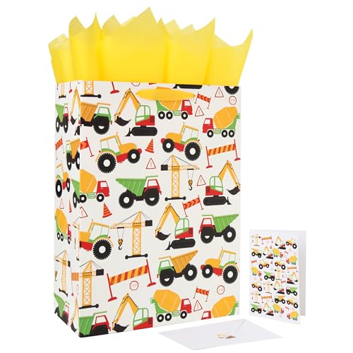 wishinside 165 Extra Large Vehiclethemed Gift Bags Set with Greeting Card and Tissue Paper Yellow Car Design for boys Kids Birthday Party Baby boy Baby Shower Newborn New Moms or Parents - Image 2