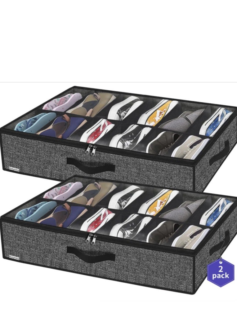 LOOPITYS Underbed shoe storage box, set of 2 pieces, linen black, with transparent window, breathable, suitable for storing 12 to 24 pairs of shoes, and can also store other miscellaneous items