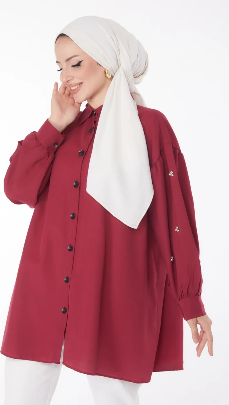 Tofisa Plain Shirt Collar Women's Burgundy Tunic - 13022