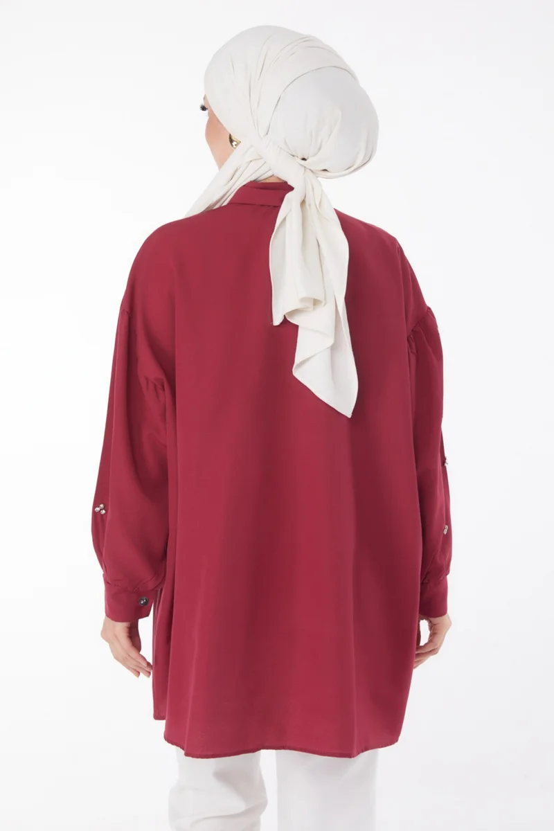 Tofisa Plain Shirt Collar Women's Burgundy Tunic - 13022