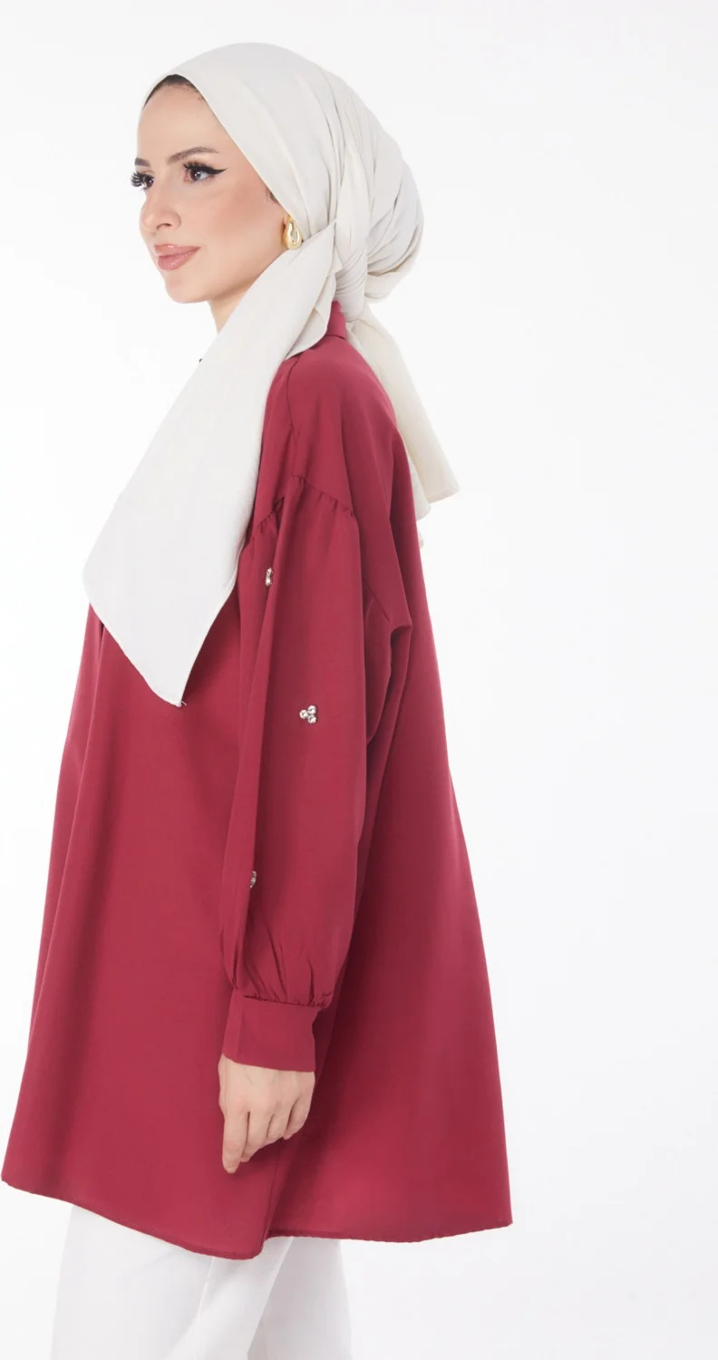 Tofisa Plain Shirt Collar Women's Burgundy Tunic - 13022