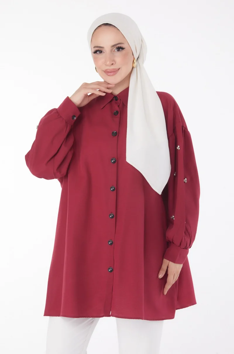 Tofisa Plain Shirt Collar Women's Burgundy Tunic - 13022
