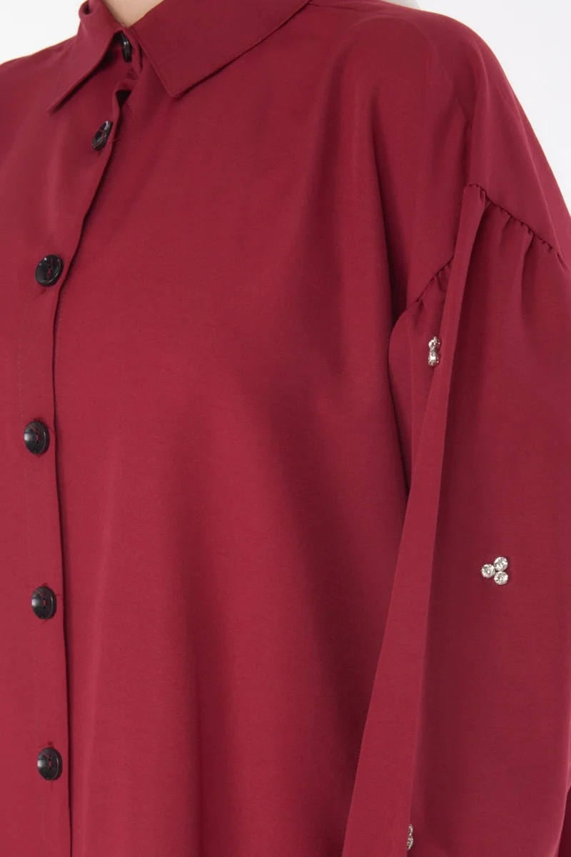 Tofisa Plain Shirt Collar Women's Burgundy Tunic - 13022