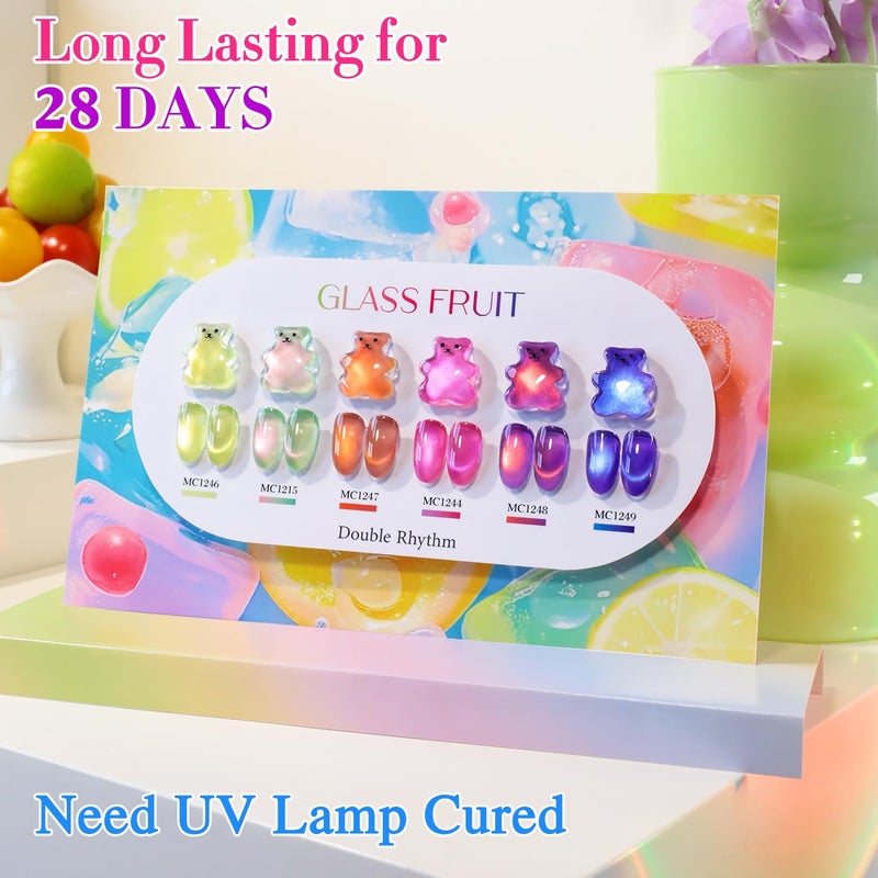 Double Rhythm Fruit Cat Eye Gel Nail Polish Set of 6 Same Color Same Bottle 0.5 Oz Shimmer Glitter with Magnet Holographic Reflective Magnetic UV Polish Kit at Home (Glass Rose Pink Green-T6-48) - Image 5