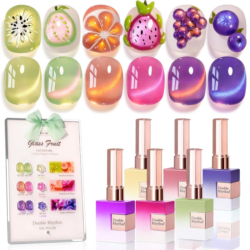 Double Rhythm Fruit Cat Eye Gel Nail Polish Set of 6 Same Color Same Bottle 0.5 Oz Shimmer Glitter with Magnet Holographic Reflective Magnetic UV Polish Kit at Home (Glass Rose Pink Green-T6-48) - Image 1