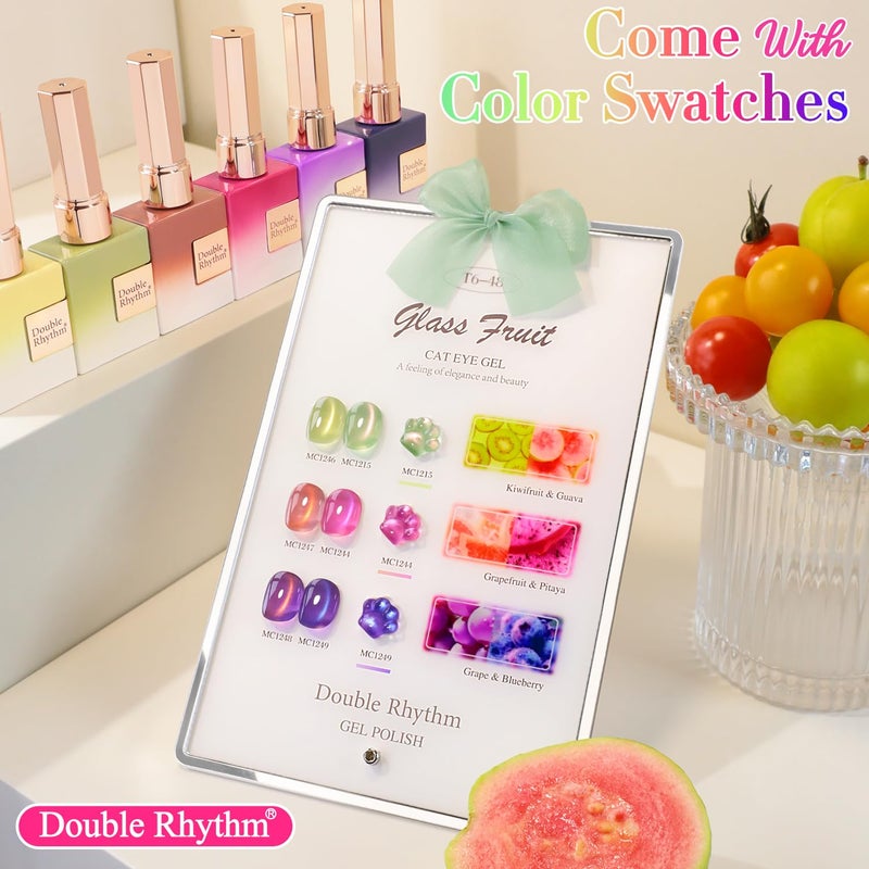 Double Rhythm Fruit Cat Eye Gel Nail Polish Set of 6 Same Color Same Bottle 0.5 Oz Shimmer Glitter with Magnet Holographic Reflective Magnetic UV Polish Kit at Home (Glass Rose Pink Green-T6-48) - Image 2