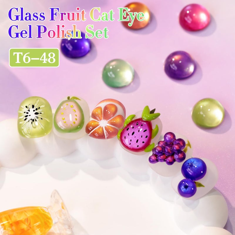 Double Rhythm Fruit Cat Eye Gel Nail Polish Set of 6 Same Color Same Bottle 0.5 Oz Shimmer Glitter with Magnet Holographic Reflective Magnetic UV Polish Kit at Home (Glass Rose Pink Green-T6-48) - Image 3