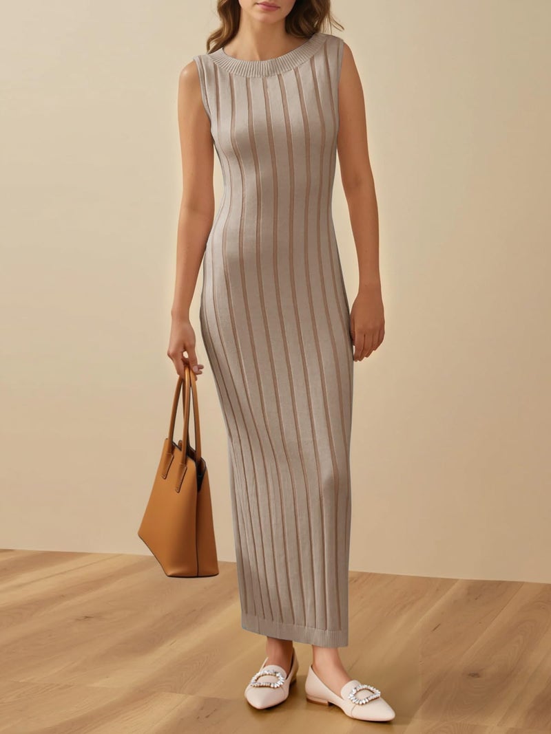 Wenrine Womens Sleeveless Sweater Dress Mock Neck Ribbed Knit Fall Tank Maxi Dresses Khaki - Image 3