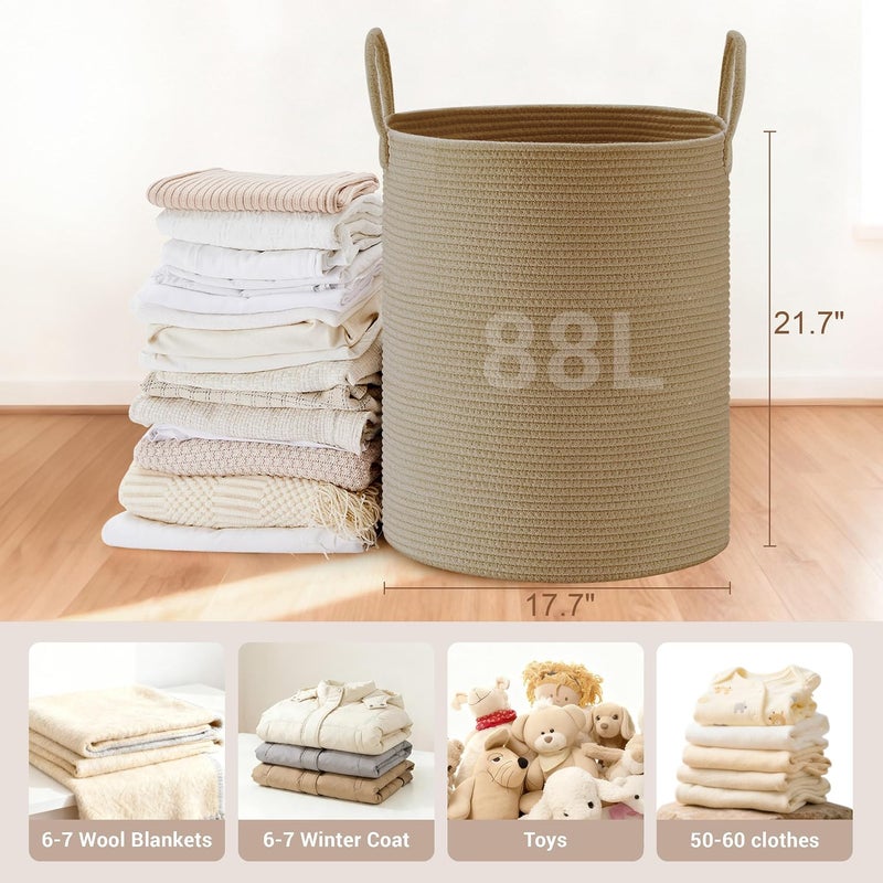 SunNewt Tall Laundry Basket with Handles, 88L Portable Dirty Clothes Hamper, Boho Cotton Rope Storage Bin for Blankets Kids Toys Gifts, Large Organizer for Baby Nursery Bedroom Bathroom, Jute - Image 2