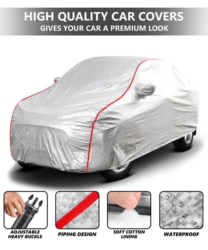 PROTEGO All Weather Protection Car Cover for Maruti Suzuki Alto | Anti Dust, 100% Waterproof, Durable Cover - Triple Stitched Elastic Grip with Mirror Pocket |(Metallic Silver with Red Piping) - Image 3