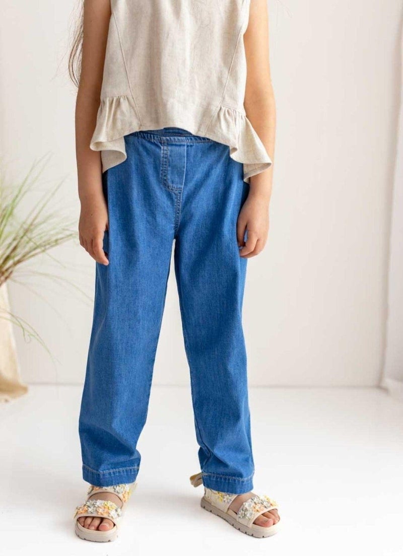 Oliven The Kid Dark Blue Elastic Waist Front Pleated Detailed Girl Jeans - Image 3