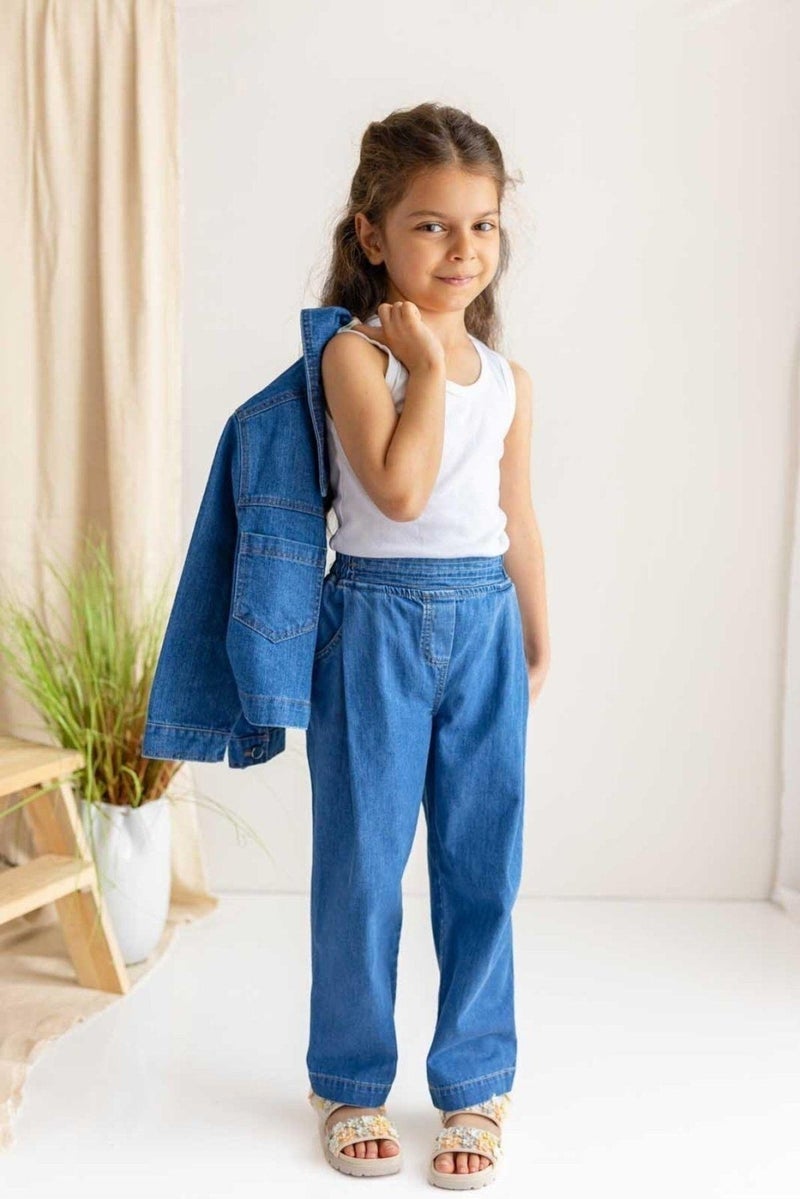 Oliven The Kid Dark Blue Elastic Waist Front Pleated Detailed Girl Jeans - Image 5