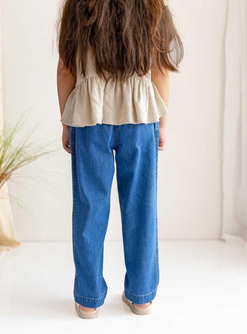 Oliven The Kid Dark Blue Elastic Waist Front Pleated Detailed Girl Jeans - Image 4