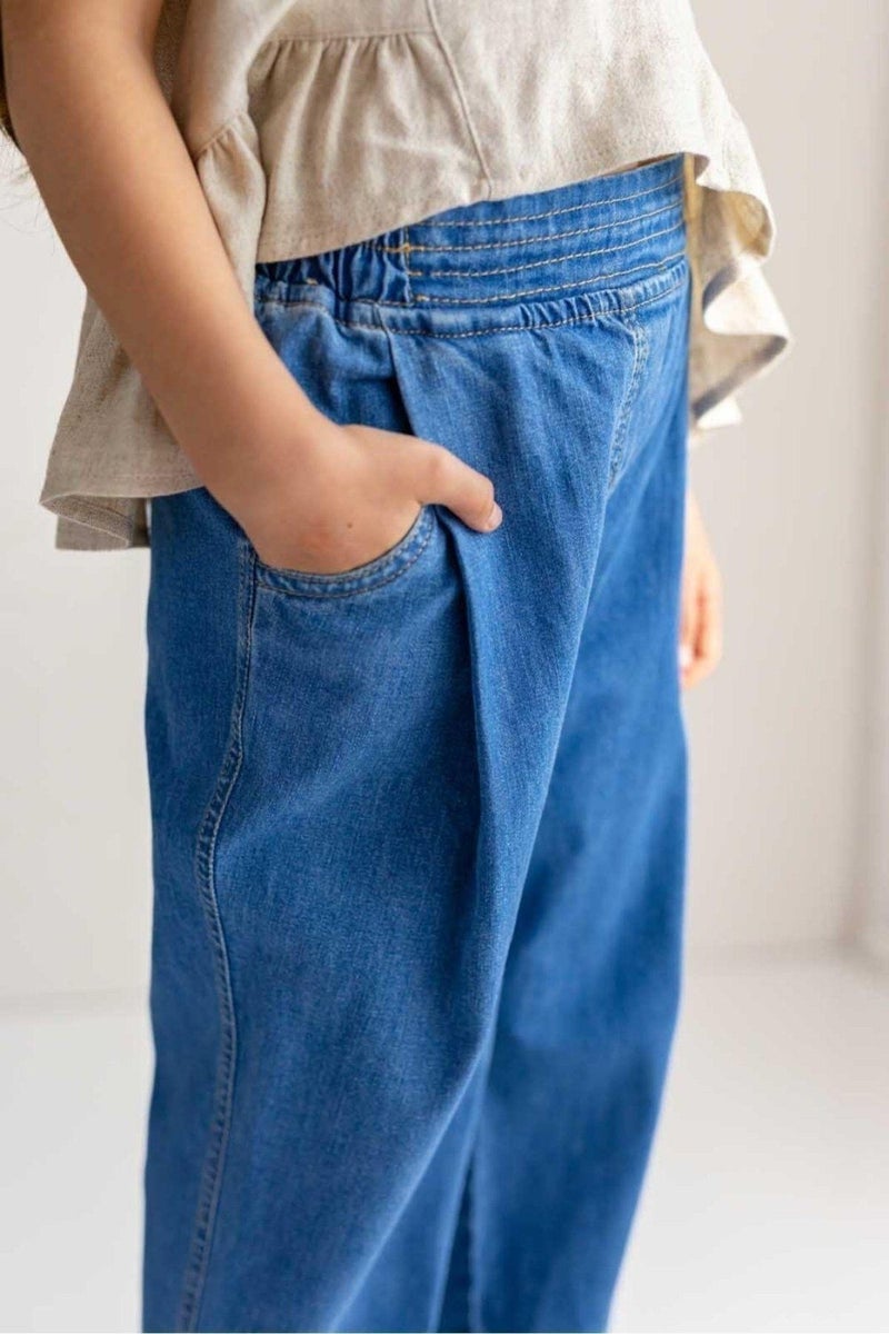 Oliven The Kid Dark Blue Elastic Waist Front Pleated Detailed Girl Jeans - Image 1