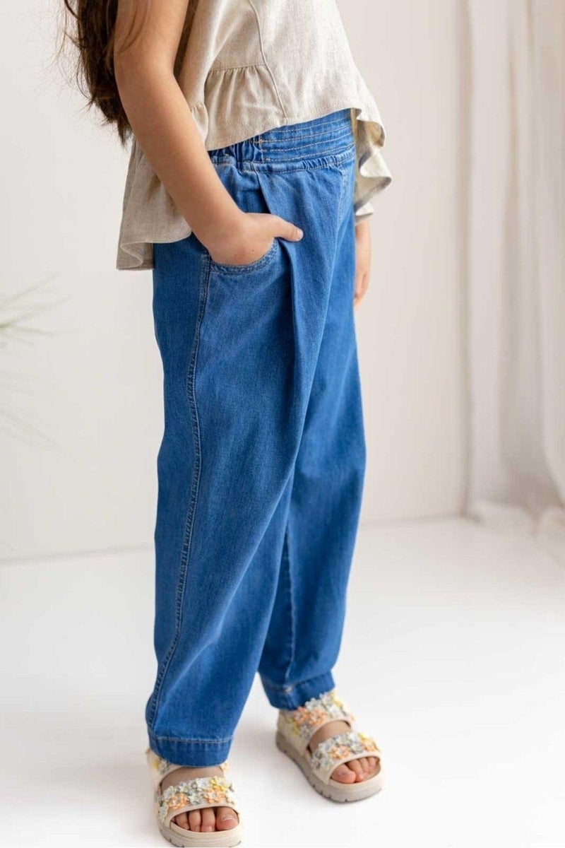 Oliven The Kid Dark Blue Elastic Waist Front Pleated Detailed Girl Jeans - Image 2