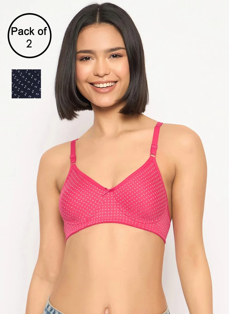 كلوفيا Clovia Pack of 2 Non-Padded Non-Wired Full Coverage Printed T-shirt Bra in Navy || Pink - Cotton Rich