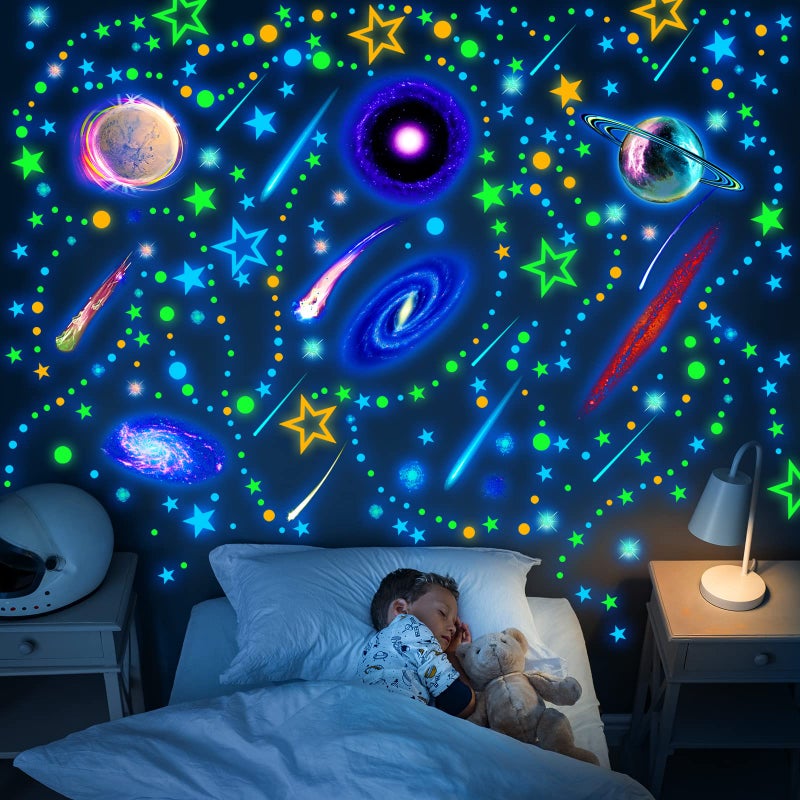 Spakon 495 Pcs Glow in The Dark Moons and Stars Wall Decals for CeilingGlowing Planets Wall Stickers Removable Galaxy Solar System Space Decal Nursery Stickers for Kids Bedroom Living Room Decor