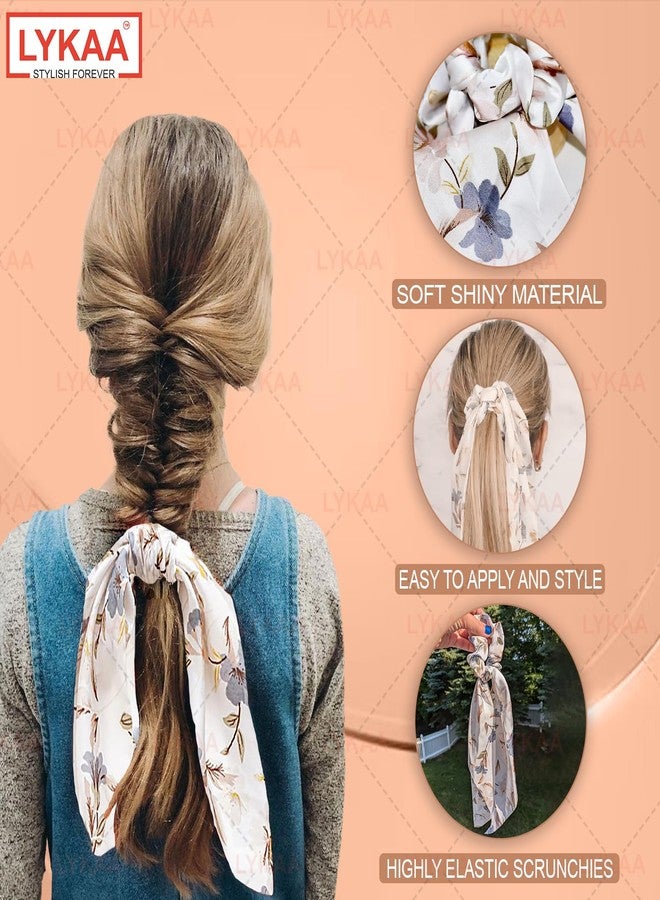 LYKAA Satin Hair Scrunchies for Women & Girls Printed Ponytail Scarf Ribbon Tails Hair Accessories Bandanas Elastic Ties Bow Scrunchies for Girls in Birthday Wedding Party (Pack of 1) White - Image 3