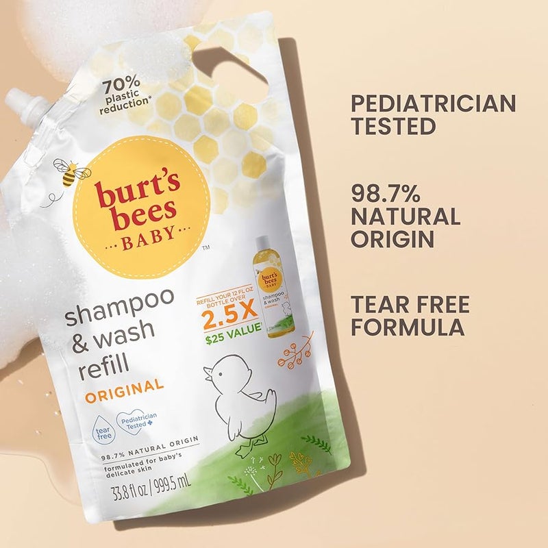 Burt's Bees Baby Shampoo and Baby Wash Refill, Original, Plant-Based Formula, Tear-Free, Pediatrician-Tested, Natural Origin, Gently Cleans Sensitive Skin and Hair, 33.8 Fl Oz - Image 3