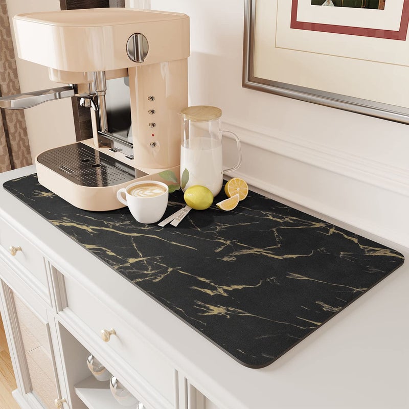 AMOAMI Coffee Mat Hide Stain Rubber Backed Absorbent Dish Drying Mat for Kitchen CounterCoffee Bar Accessories Black  Gold 17X315