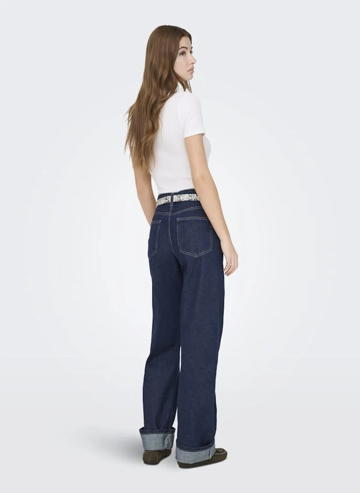 اونلي Mid-Waist Wide Fold-Up Denim Jeans
