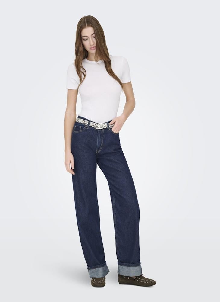 ONLY Mid-Waist Wide Fold-Up Denim Jeans - Image 1