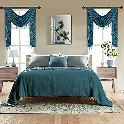 ELKCA Peacock Blue Chenille Waterfall Valance for Living Room Single Hollow Swag Valance for Bedroom Kitchen Curtains1 Panel