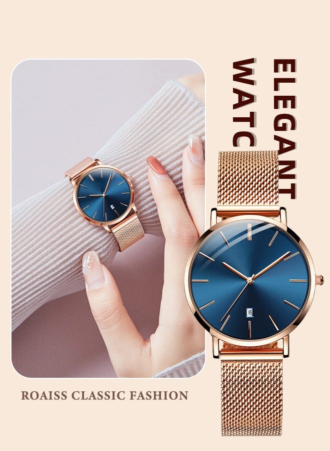 رويس ساعة كوارتز نسائية بسوار شبكي من الفولاذ المقاوم للصدأ، ساعة ذات قرص زرق مستدير، ساعة أنيقة مقاومة للماء كهدية للسيدات - Image 1