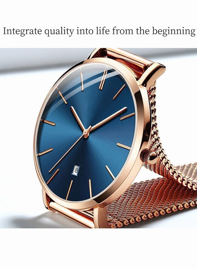 رويس ساعة كوارتز نسائية بسوار شبكي من الفولاذ المقاوم للصدأ، ساعة ذات قرص زرق مستدير، ساعة أنيقة مقاومة للماء كهدية للسيدات - Image 5