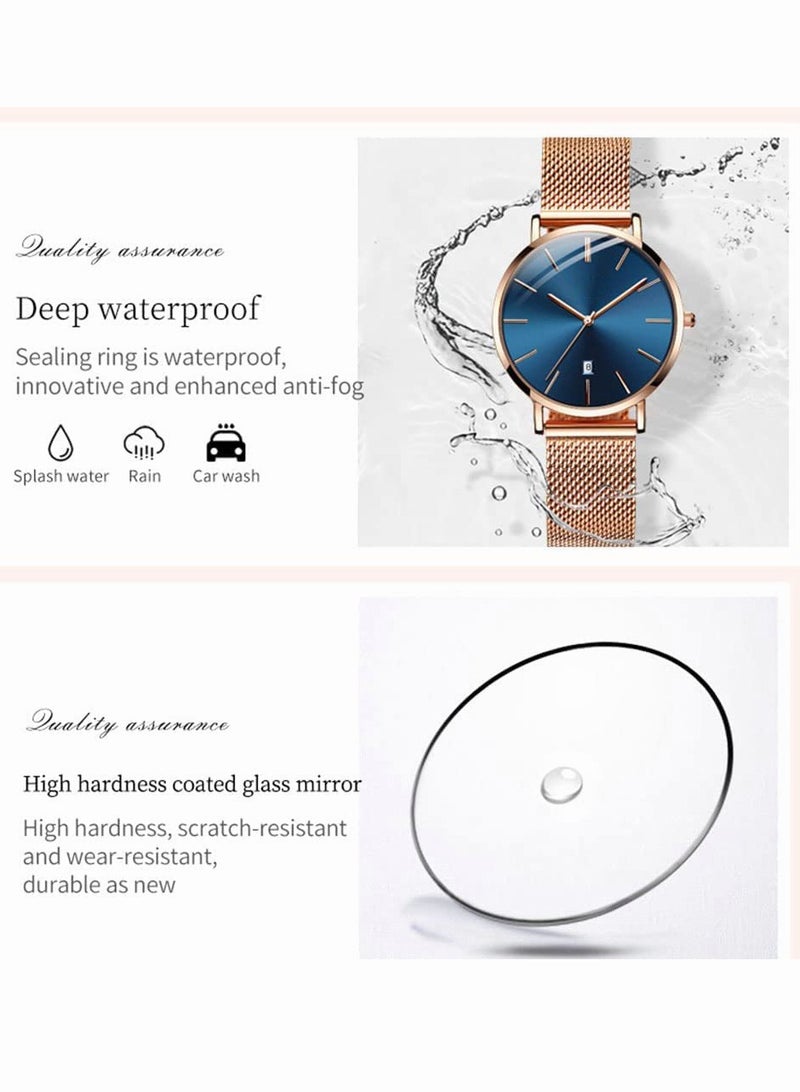 رويس ساعة كوارتز نسائية بسوار شبكي من الفولاذ المقاوم للصدأ، ساعة ذات قرص زرق مستدير، ساعة أنيقة مقاومة للماء كهدية للسيدات - Image 4