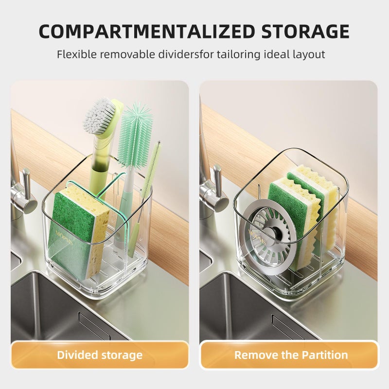 MOPMS Minimalist Sponge Holder for Kitchen Sink, 3 Slots Sink Caddy with Removable Divider and Drip Tray, Clear PET Countertop Organizer to Free up Kitchen Sink Space - Image 2
