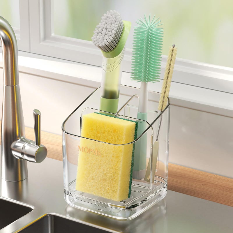 MOPMS Minimalist Sponge Holder for Kitchen Sink, 3 Slots Sink Caddy with Removable Divider and Drip Tray, Clear PET Countertop Organizer to Free up Kitchen Sink Space - Image 1