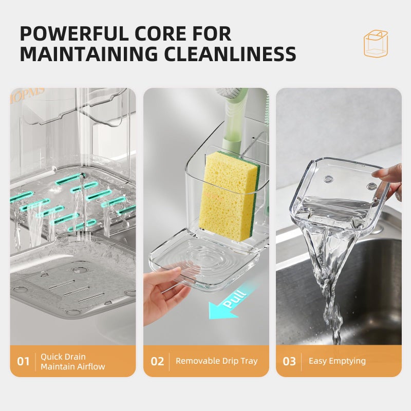 MOPMS Minimalist Sponge Holder for Kitchen Sink, 3 Slots Sink Caddy with Removable Divider and Drip Tray, Clear PET Countertop Organizer to Free up Kitchen Sink Space - Image 4