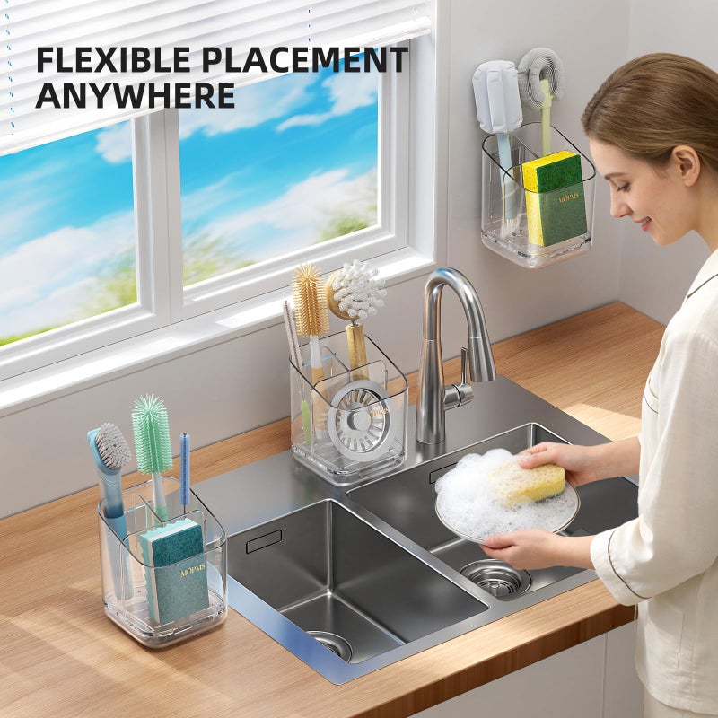 MOPMS Minimalist Sponge Holder for Kitchen Sink, 3 Slots Sink Caddy with Removable Divider and Drip Tray, Clear PET Countertop Organizer to Free up Kitchen Sink Space - Image 3
