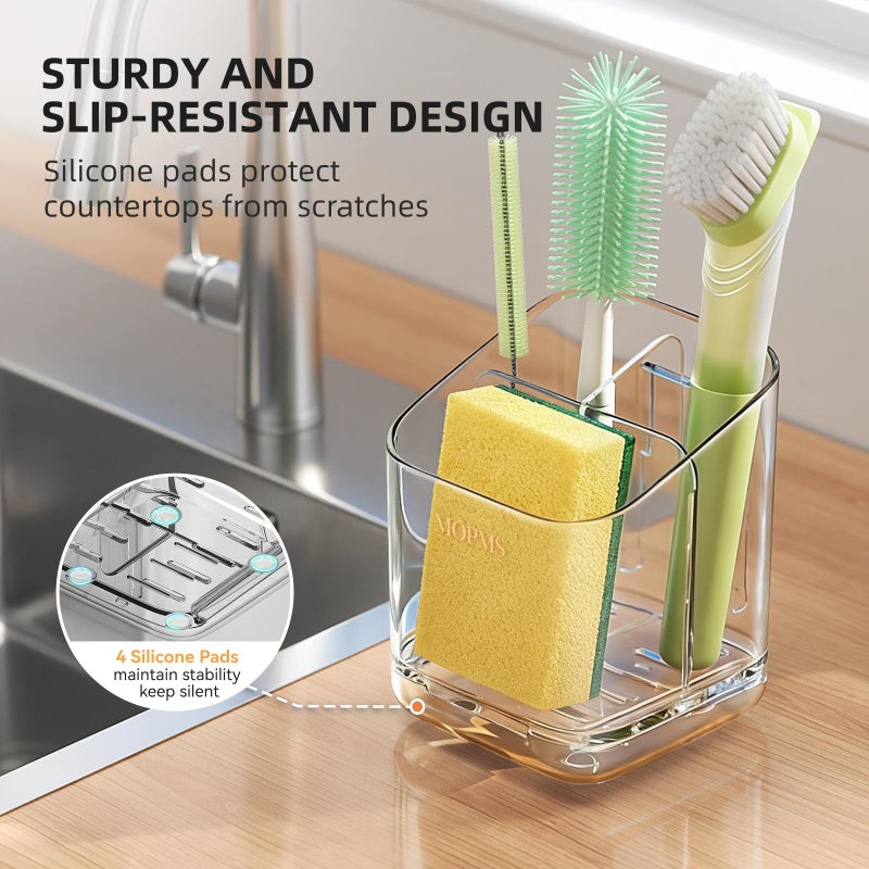 MOPMS Minimalist Sponge Holder for Kitchen Sink, 3 Slots Sink Caddy with Removable Divider and Drip Tray, Clear PET Countertop Organizer to Free up Kitchen Sink Space - Image 5