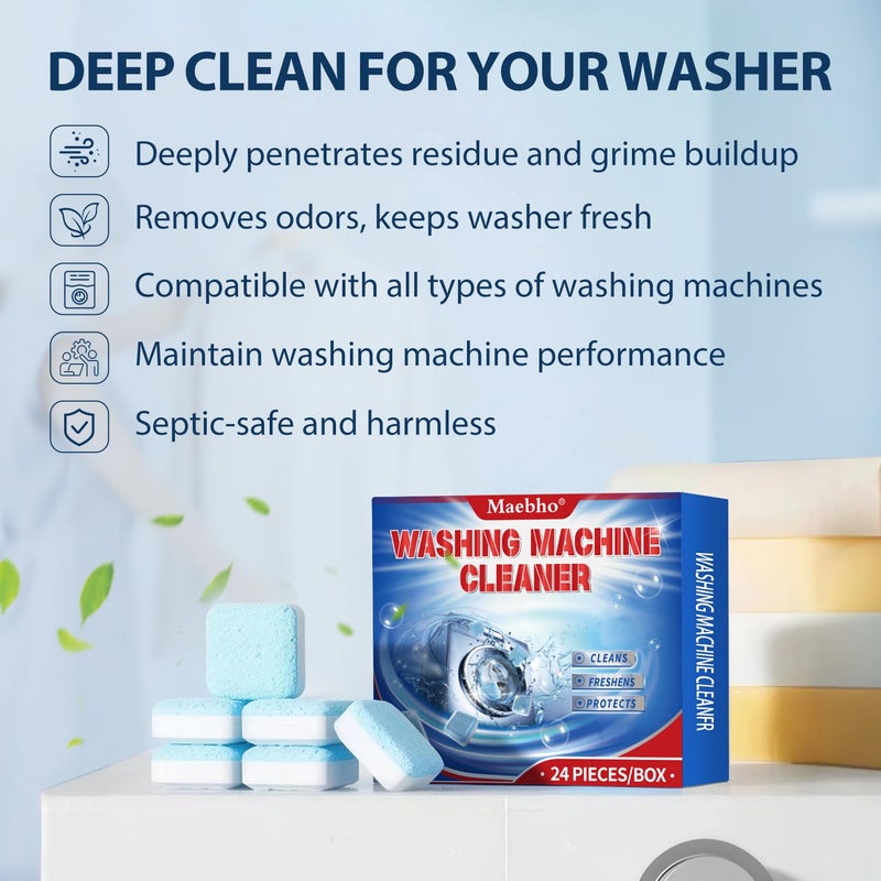 Maebho Washing Machine Cleaner Tablets 24 Pack - Deep Cleaning & Descaler for HE Front Load & Top Load Washers, Removes Odor, Residue & Pet Hair, Septic Safe, Eco-Friendly Deodorizer -1 Year Supply - Image 2
