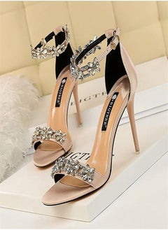 BIGTREE Satin Open-Toe Rhinestones With High-Heeled Sandals 9CM Pink  - Image 1
